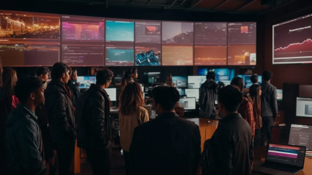 a diverse group of professionals gathers around a laptop, examining a vibrant youtube dashboard projection on the wall.
