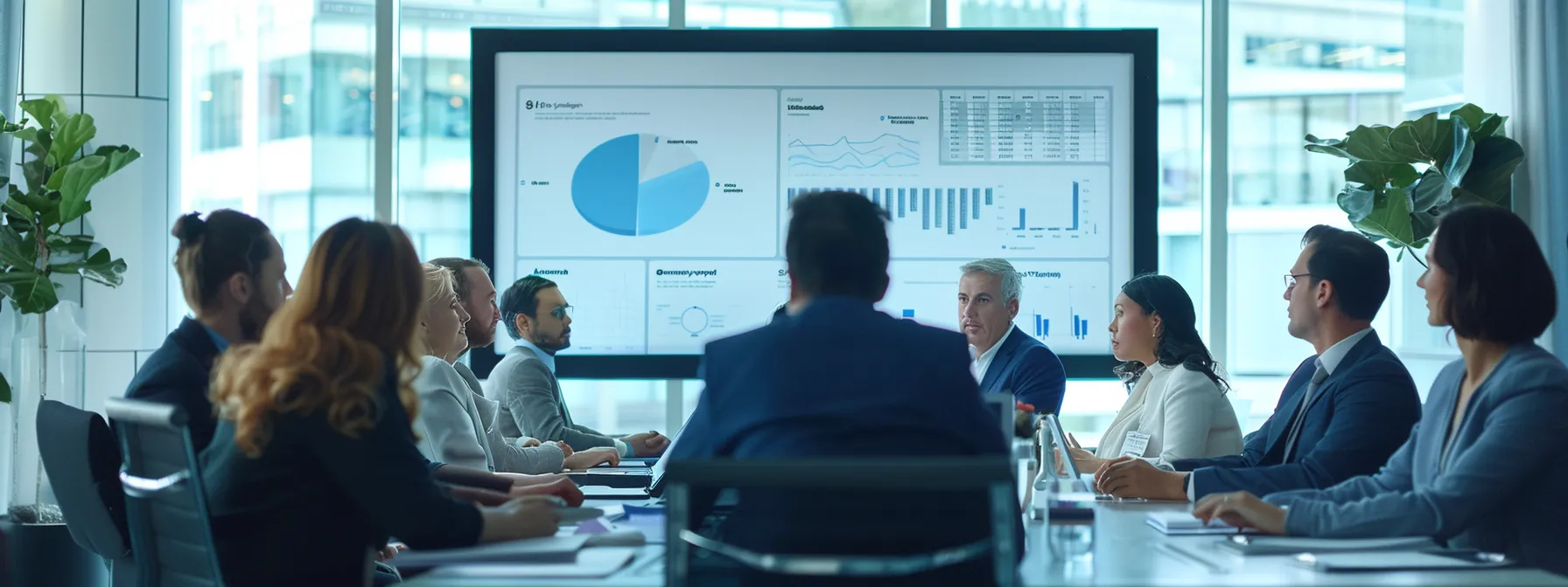 group of professionals in a conference room looking at a presentation on a screen showing statistics on reduced administrative workload with ai medical scribe.