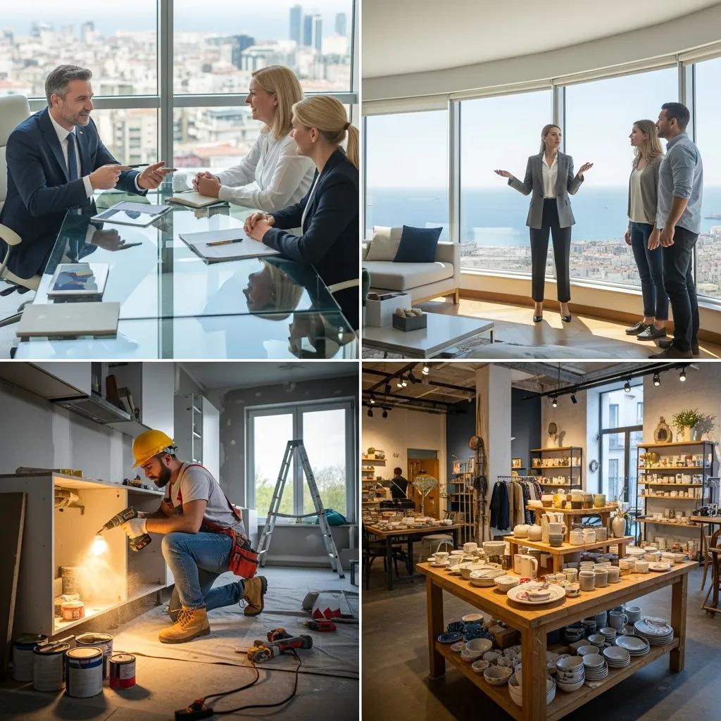 Collage of images representing finance, real estate, home improvement, and retail in Mersin