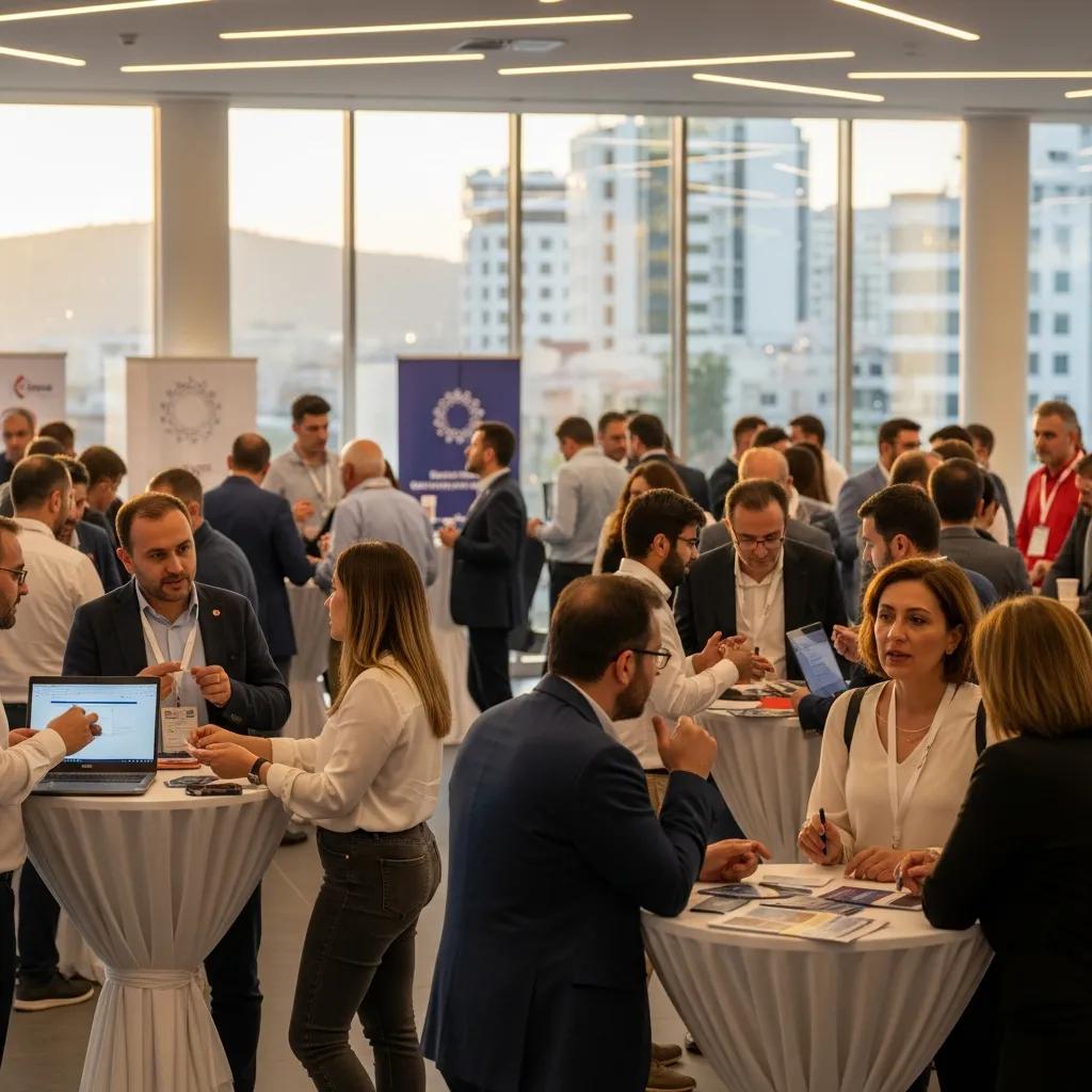 Entrepreneurs networking at an event in Mersin, sharing ideas and resources